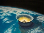 Künstlerische Darstellung des Chicxulub-Einschlages im flachen Meerwasser, das damals einen Teil der heutigen Halbinsel Yukatan (Mexiko) bedeckte. Einige Sekunden nach dem Einschlag beginnt gerade die Auswurfphase, und Material aus dem Krater, dessen Bildung gerade beginnt, wird ausgeworfen.
