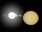 In knapp fünfeinhalb Minuten umlaufen sich zwei Weiße Zwerge im Doppelsternsystems HM Cancri. Dieses Bild wurde mit der BinSim-Software erzeugt und stellt die Geometrie des Systems dar. Die Größen sind korrekt, und es gibt einen Massentransfer sowie eine Akkretionsscheibe um den kleineren Stern (links).