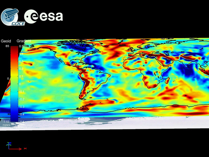 GOCE está recopilando datos tal como se muestra aquí en el mapa de la gravedad de la Tierra con una precisión sin precedentes y la resolución espacial. El mapa proporcionará a los usuarios de todo el mundo datos que serán fundamentales en el avance de la ciencia y sus aplicaciones en una amplia gama de disciplinas. Estos van desde la geodesia, geofísica y topografía a la oceanografía y la investigación a nivel del mar.